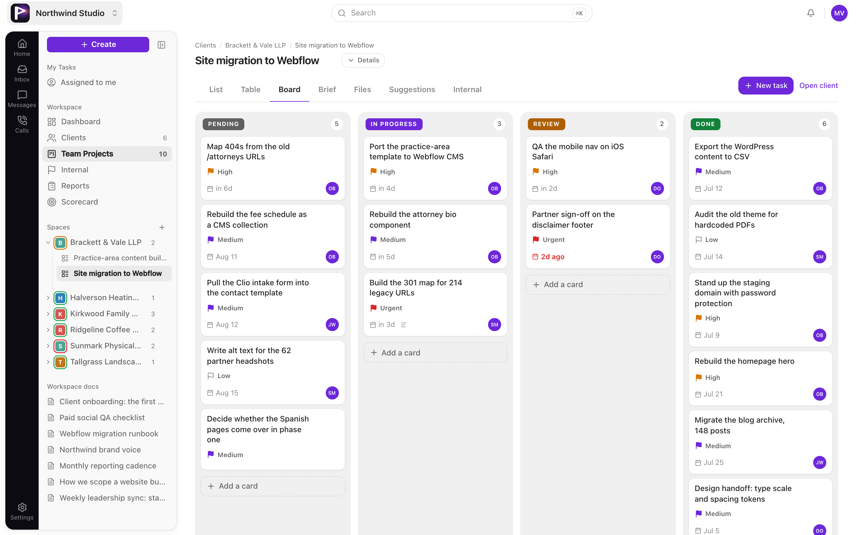 The project board with tasks across pending, in progress, review and done