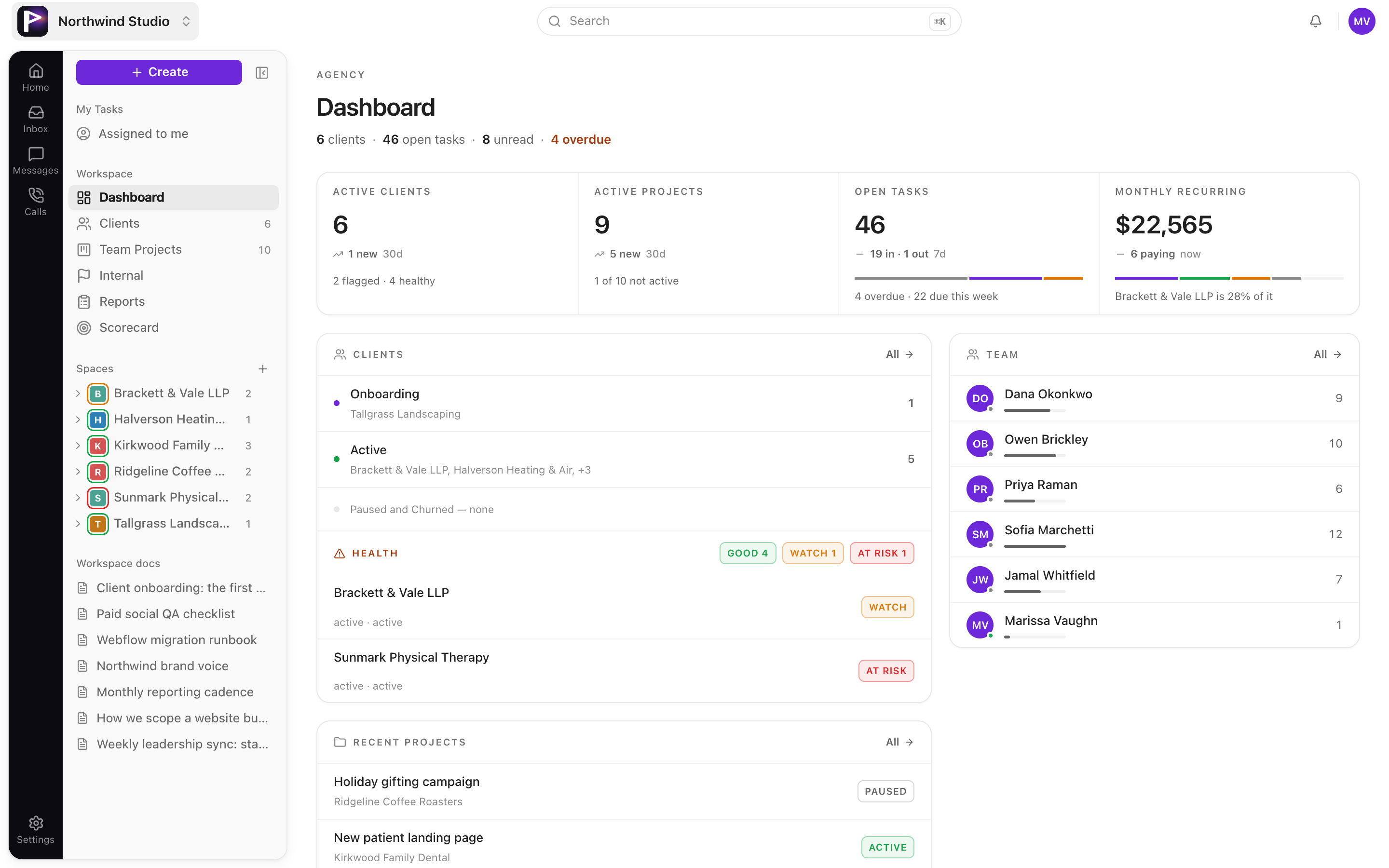The Praxis dashboard showing active projects, tasks and team activity