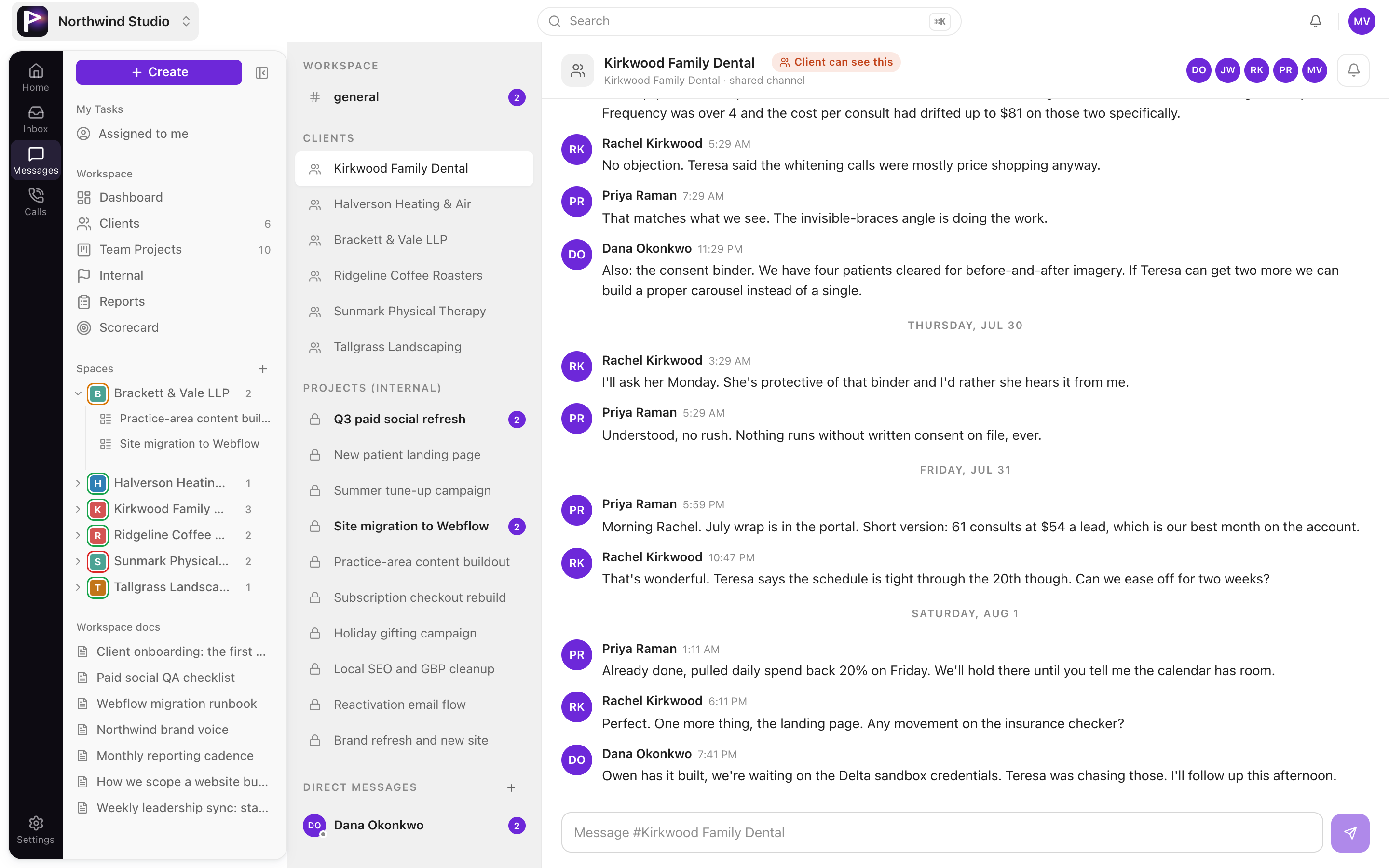 Team and client channels in the messages view